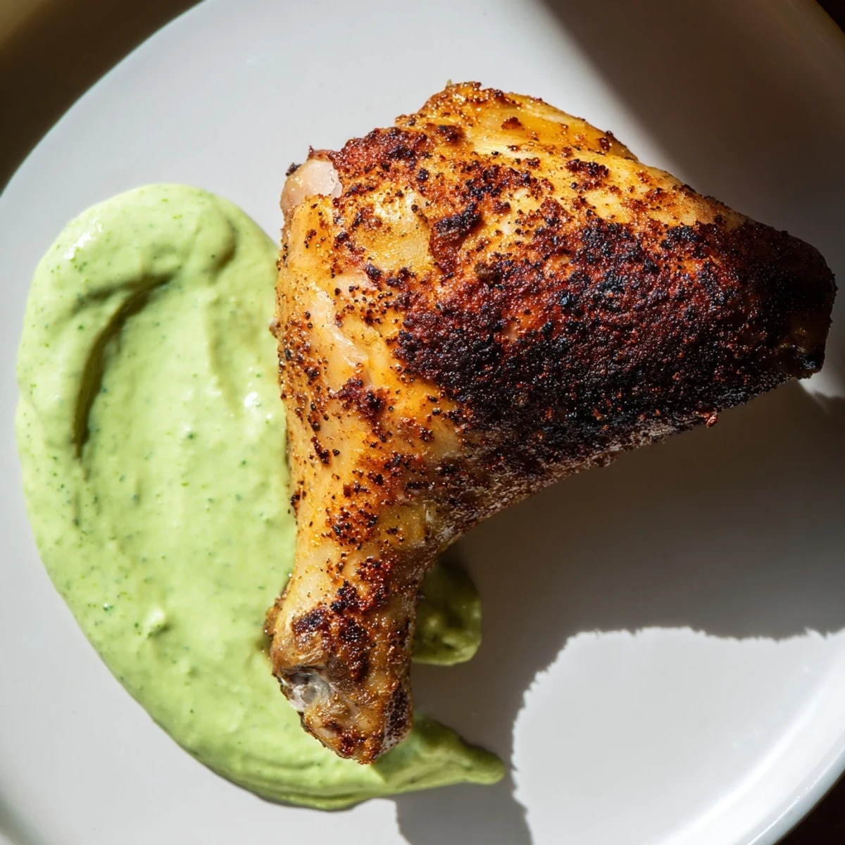 A perfectly roasted Peruvian Roast Chicken with Creamy Green Sauce glistening with spices and served beside a vibrant green drizzle.