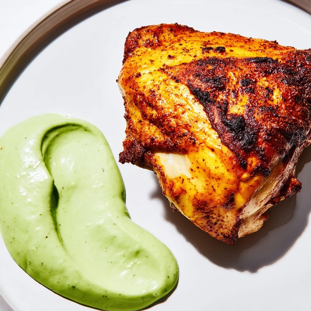 Close-up of tender Peruvian Roast Chicken with Creamy Green Sauce, highlighting golden crispy skin and the creamy herby sauce in a bowl.