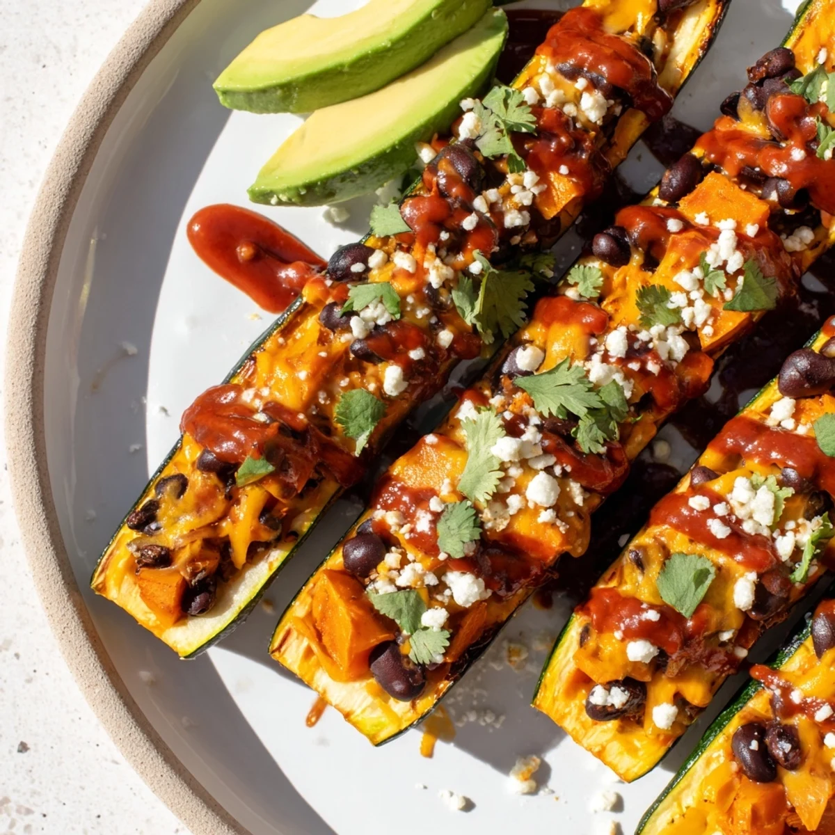 Golden roasted zucchini boats filled with savory black bean and butternut squash enchilada filling.