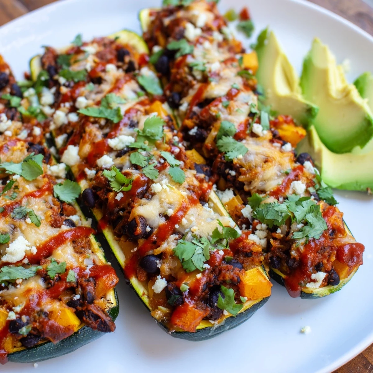 Close-up of zesty enchilada sauce drizzled over vegetarian enchilada boats served with avocado and lime.