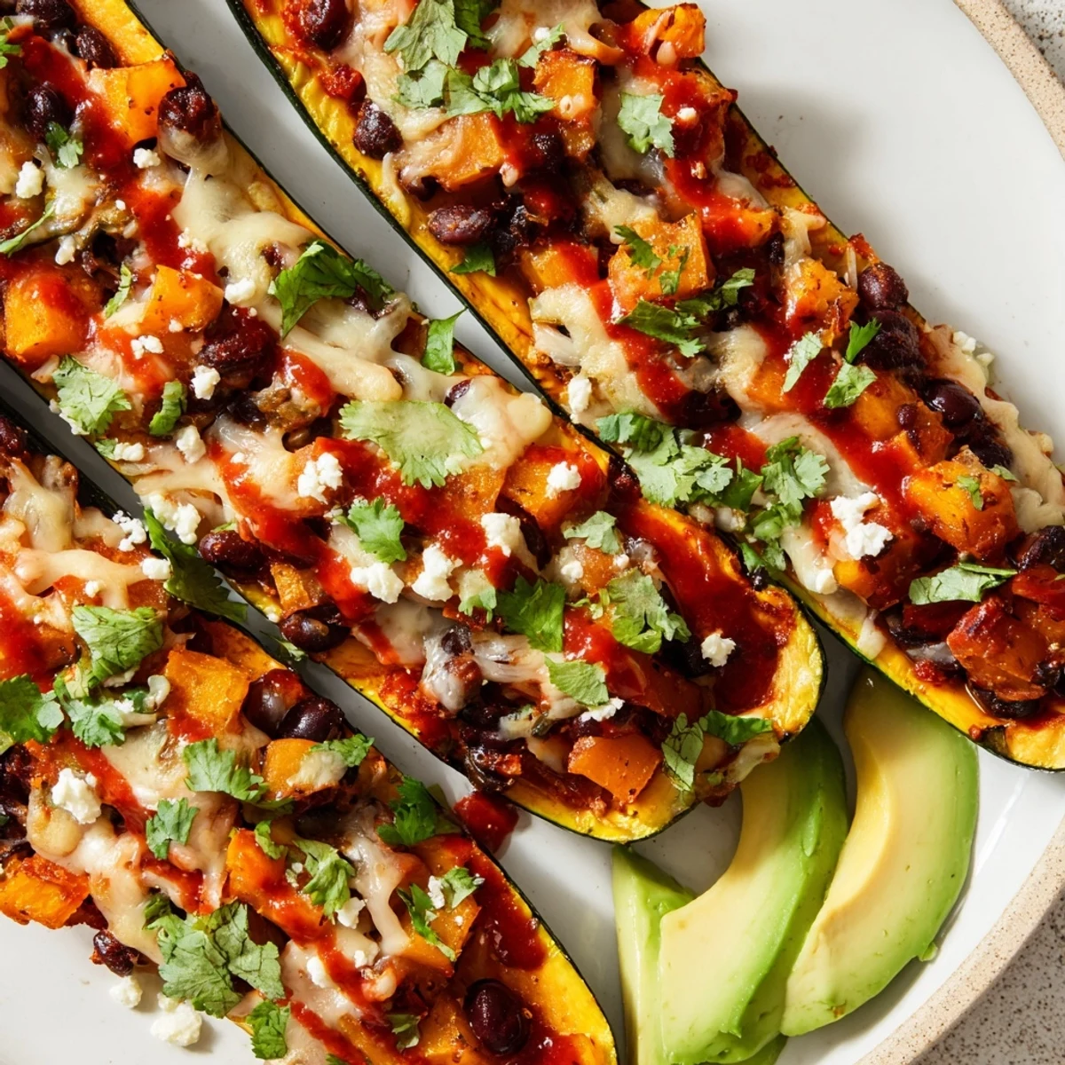 Freshly baked Black Bean and Butternut Squash Enchilada Boats topped with bubbly melted cheese and cilantro.