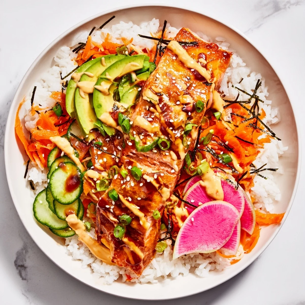 Tender teriyaki-glazed salmon rests on fluffy jasmine rice with vibrant pickled veggies in this Teriyaki Salmon Rice Taco Bowls recipe.
