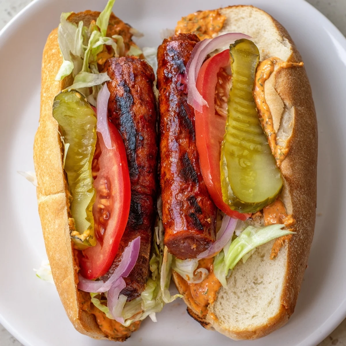 Grilled Cajun beef sausage po boy sandwiches on a crusty baguette, layered with lettuce, tomatoes, pickles, and creamy remoulade.