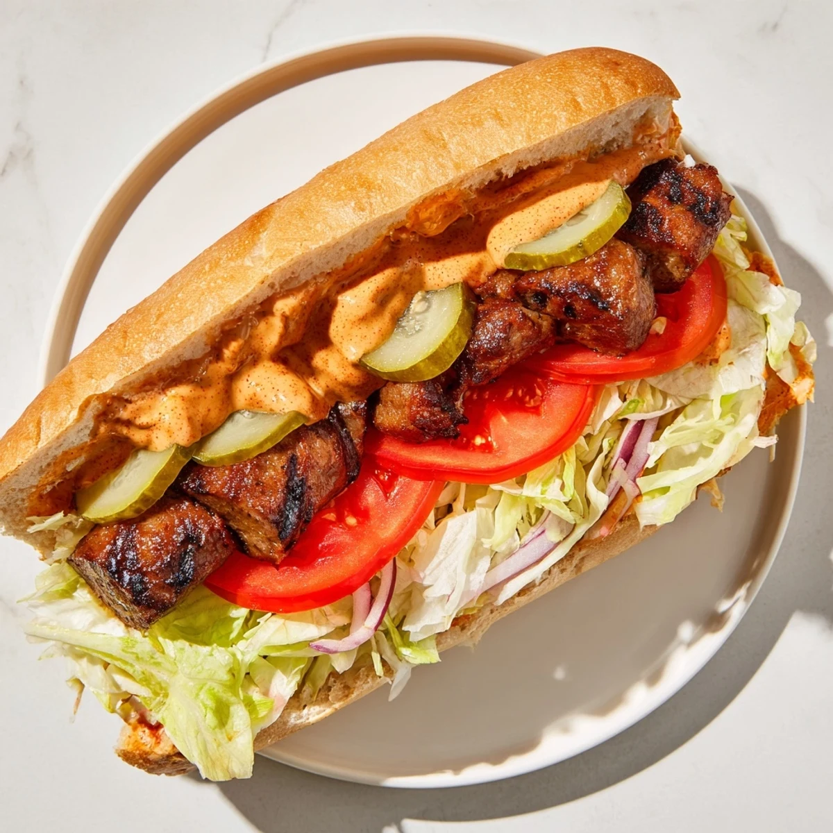 A close-up of grilled Cajun beef sausage po boy sandwiches, showcasing the bold spices and crisp baguette textures.