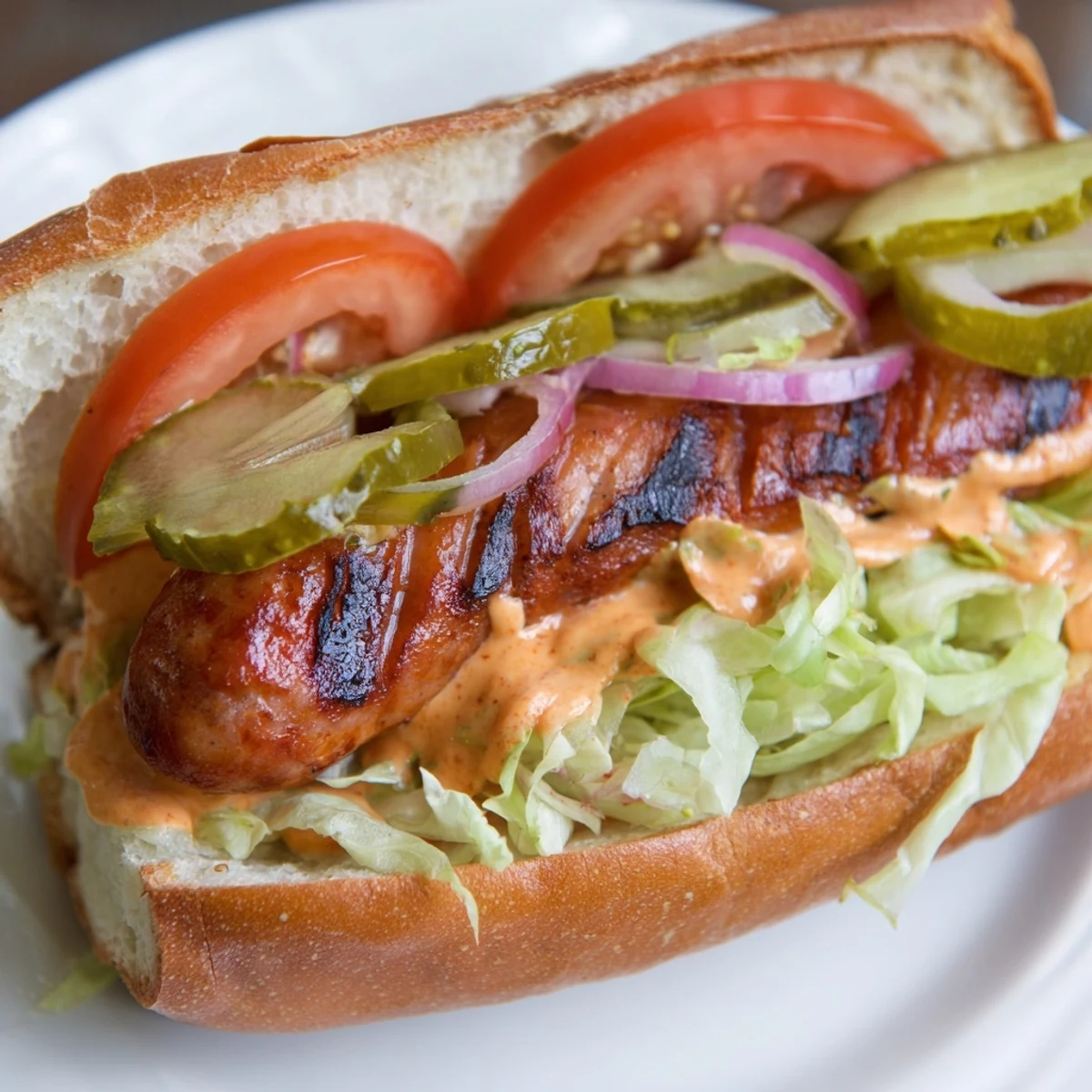 Juicy Cajun beef sausage po boy sandwiches served with tangy pickles and fresh vegetables on a toasted French roll.