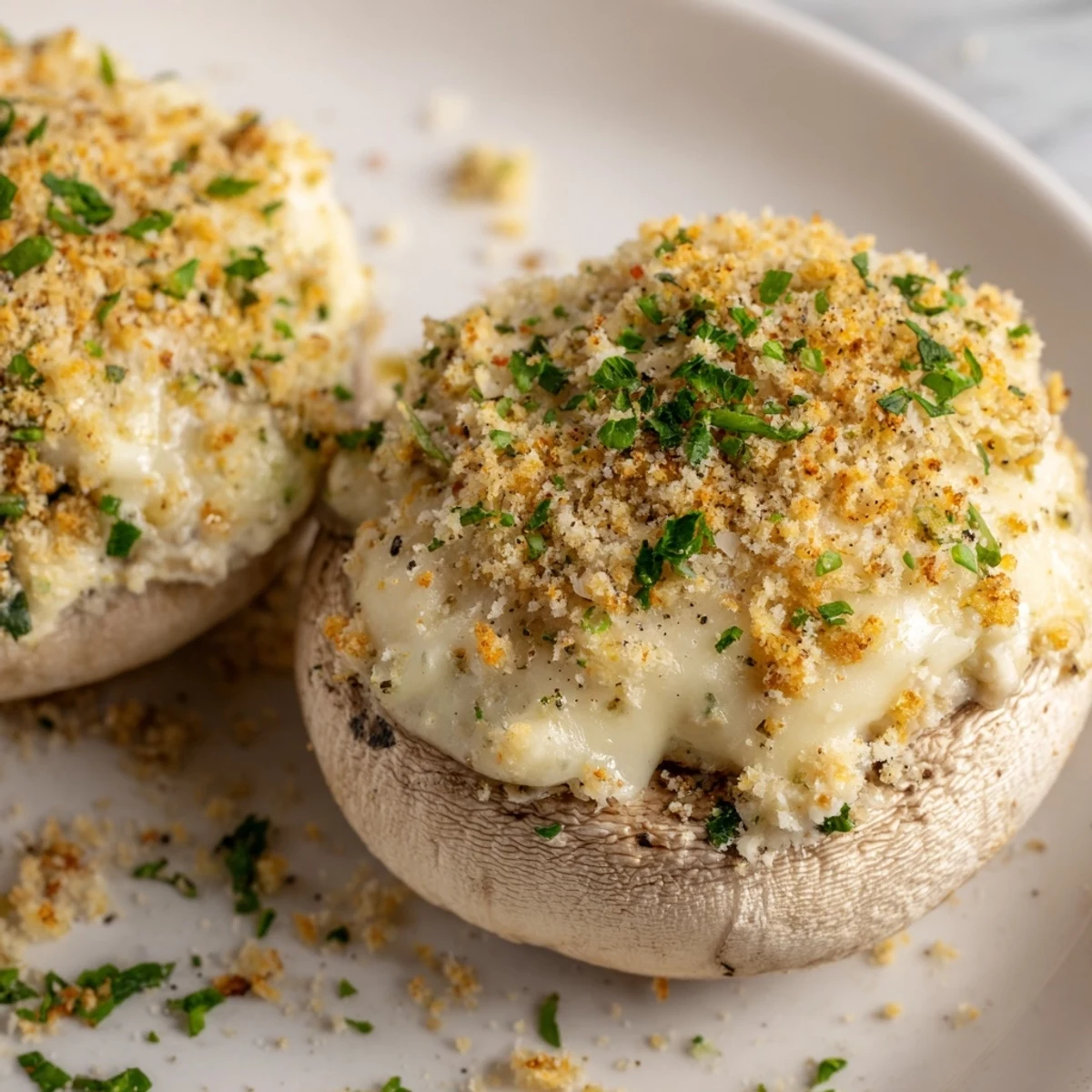 Golden-brown Mozzarella Popper Stuffed Mushrooms with melted cheddar and a spicy jalapeño kick, served warm on a platter.