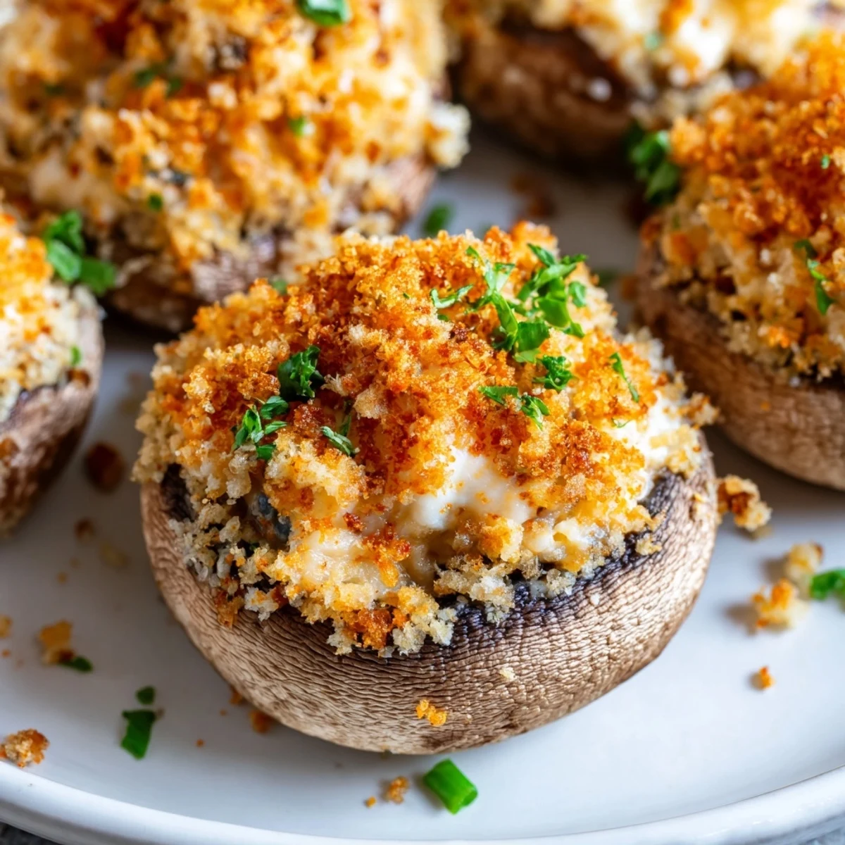 Baked Mozzarella Popper Stuffed Mushrooms garnished with fresh parsley, showing a gooey, cheesy interior and golden crust.