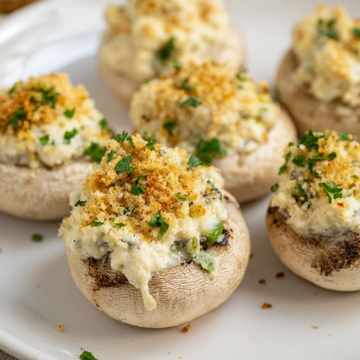 Mozzarella Popper Stuffed Mushrooms with a crispy breadcrumb topping and creamy cheese filling, perfect for a party appetizer.