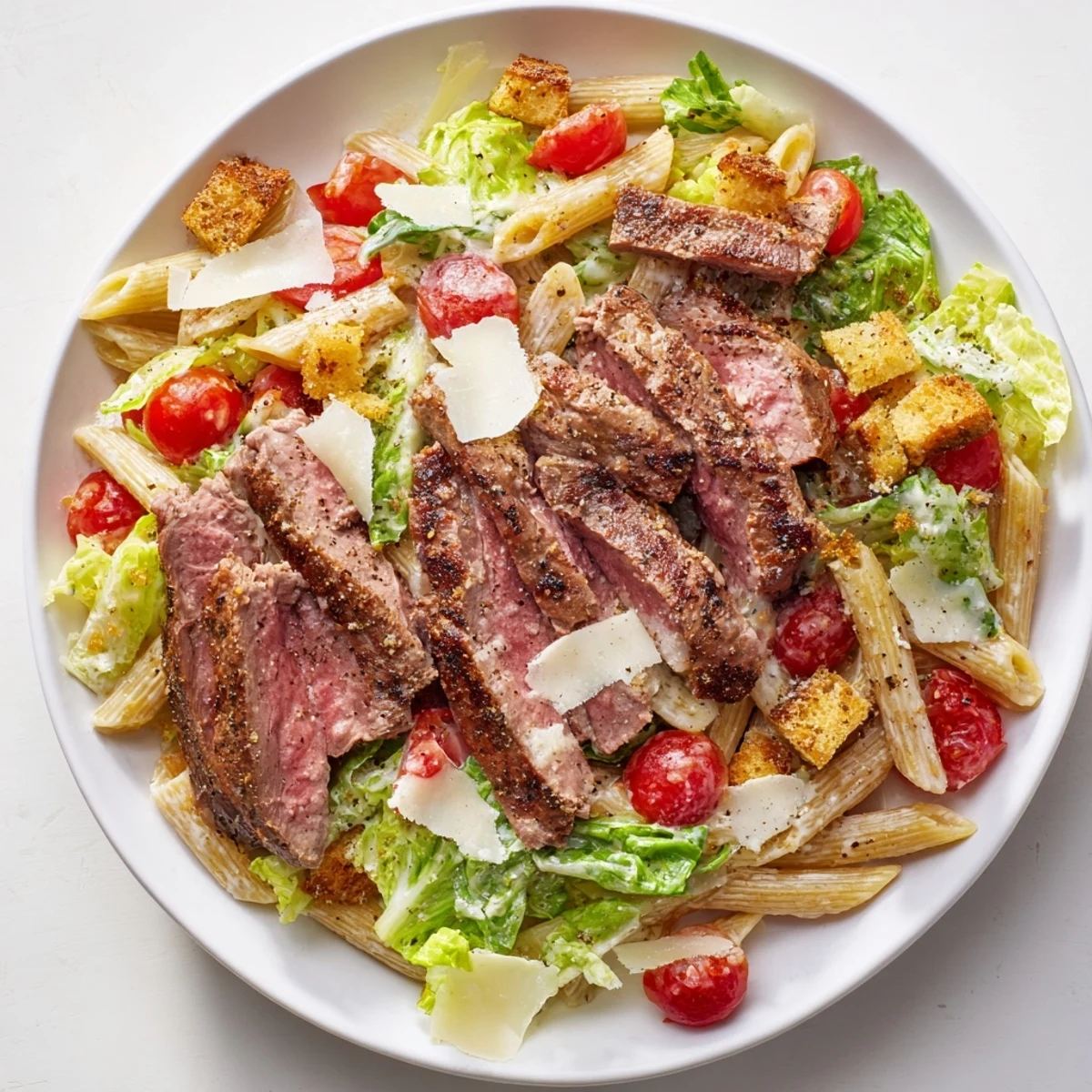 Grilled steak slices rest atop a vibrant mix of al dente pasta, chopped romaine, and halved cherry tomatoes in this Flavorful Steak Caesar Pasta Salad.