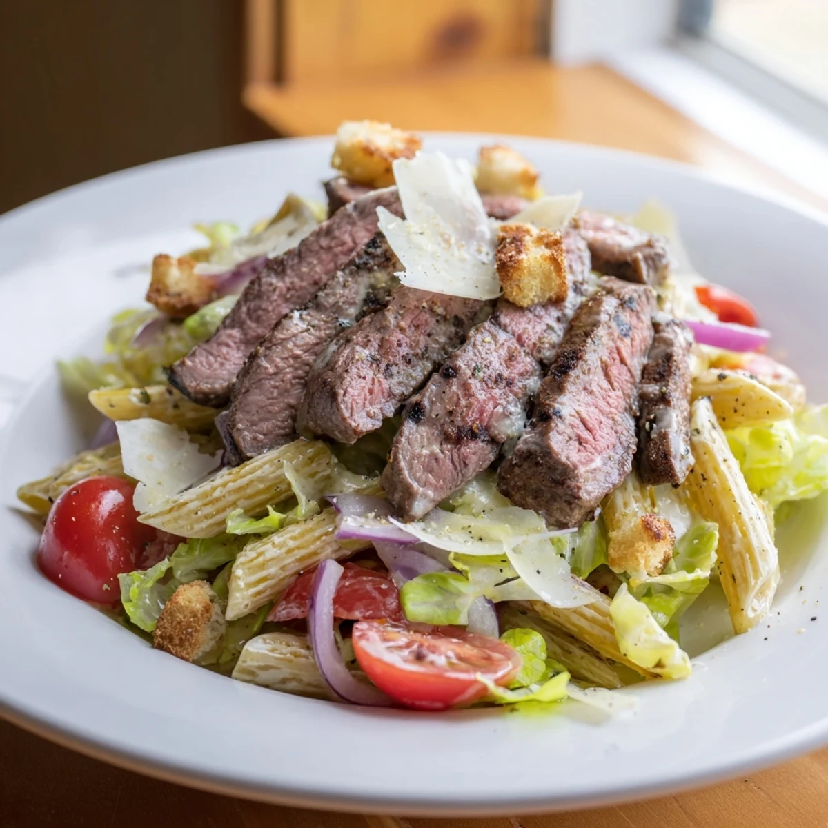 Freshly shaved Parmesan and crunchy croutons garnish the hearty Flavorful Steak Caesar Pasta Salad served in a large ceramic bowl.