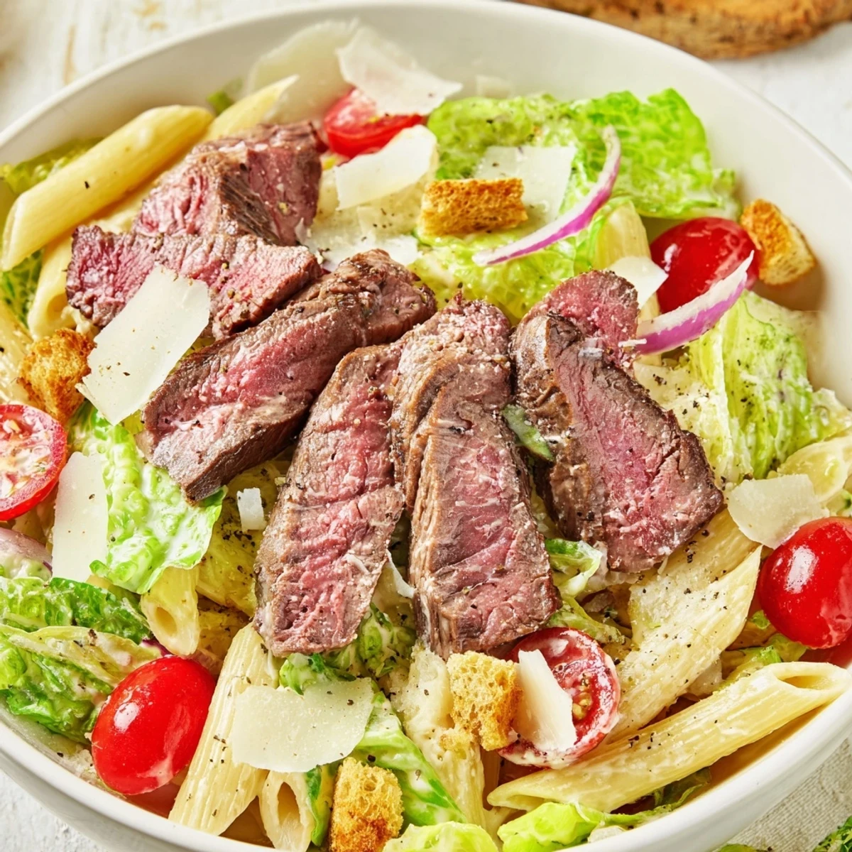 A close-up view shows juicy grilled steak and creamy Caesar dressing coating every bite of this satisfying Flavorful Steak Caesar Pasta Salad.