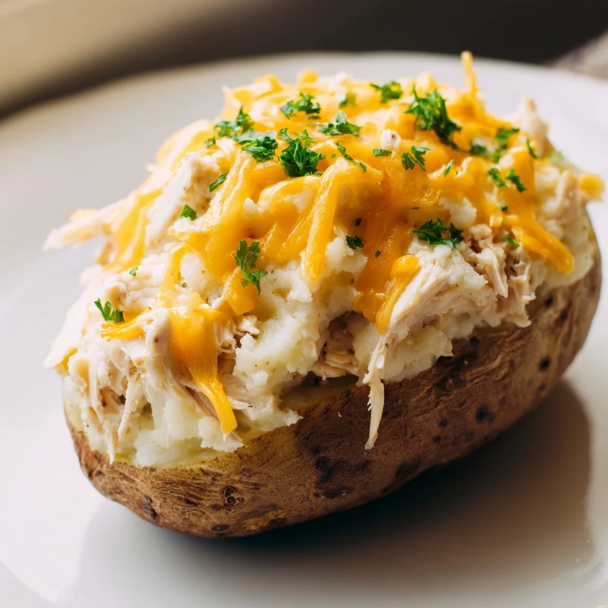 Golden-brown Mud Chicken Stuffed Twice Baked Potatoes topped with melted cheddar and fresh parsley on a rustic plate.