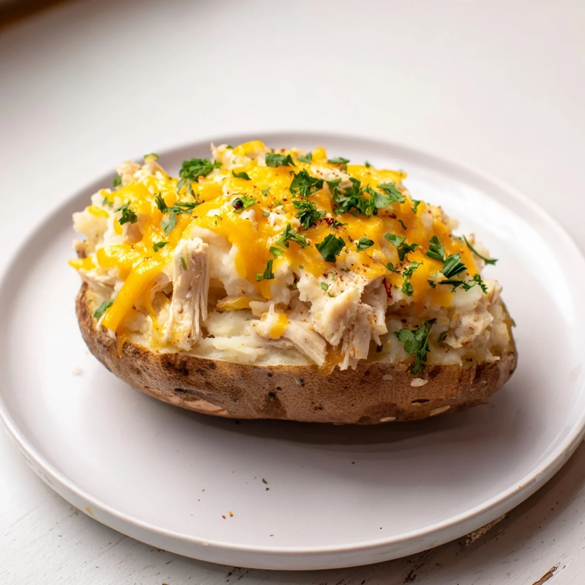 Close-up of Mud Chicken Stuffed Twice Baked Potatoes revealing a rich, cheesy interior with hints of green onion and bacon.