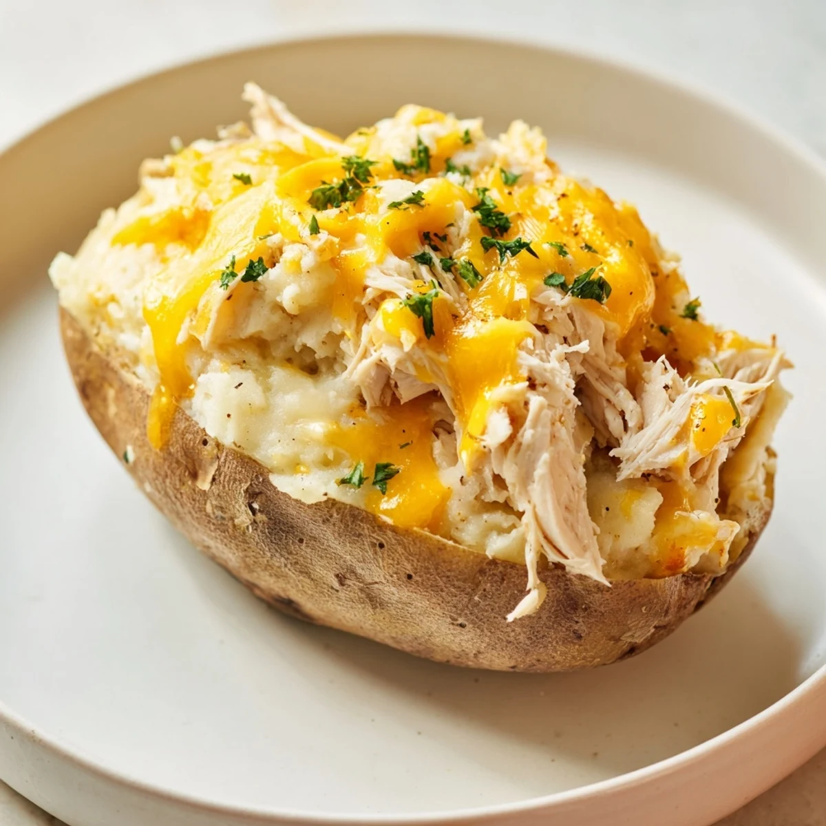 Hearty Mud Chicken Stuffed Twice Baked Potatoes served warm with a savory filling featuring shredded chicken and creamy mashed potatoes.