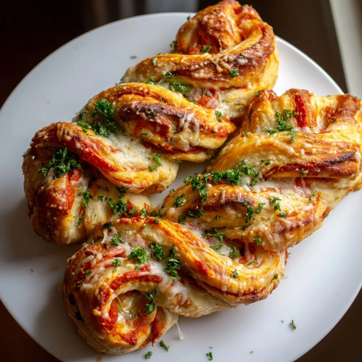 Golden-brown Crispy Air Fryer Pizza Cheese Bread Twists with melted mozzarella and garlic butter.