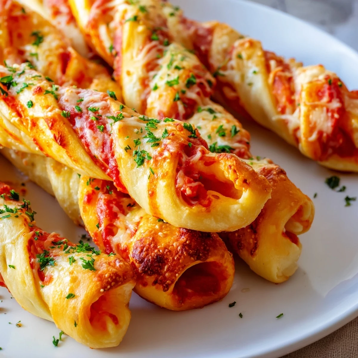 Freshly air-fried Crispy Air Fryer Pizza Cheese Bread Twists on a plate, garnished with parsley.