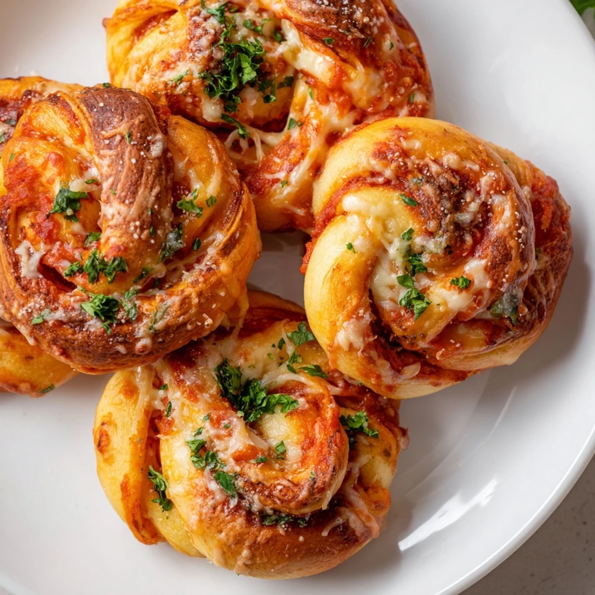 Garlic butter brushed Crispy Air Fryer Pizza Cheese Bread Twists served with marinara dip.