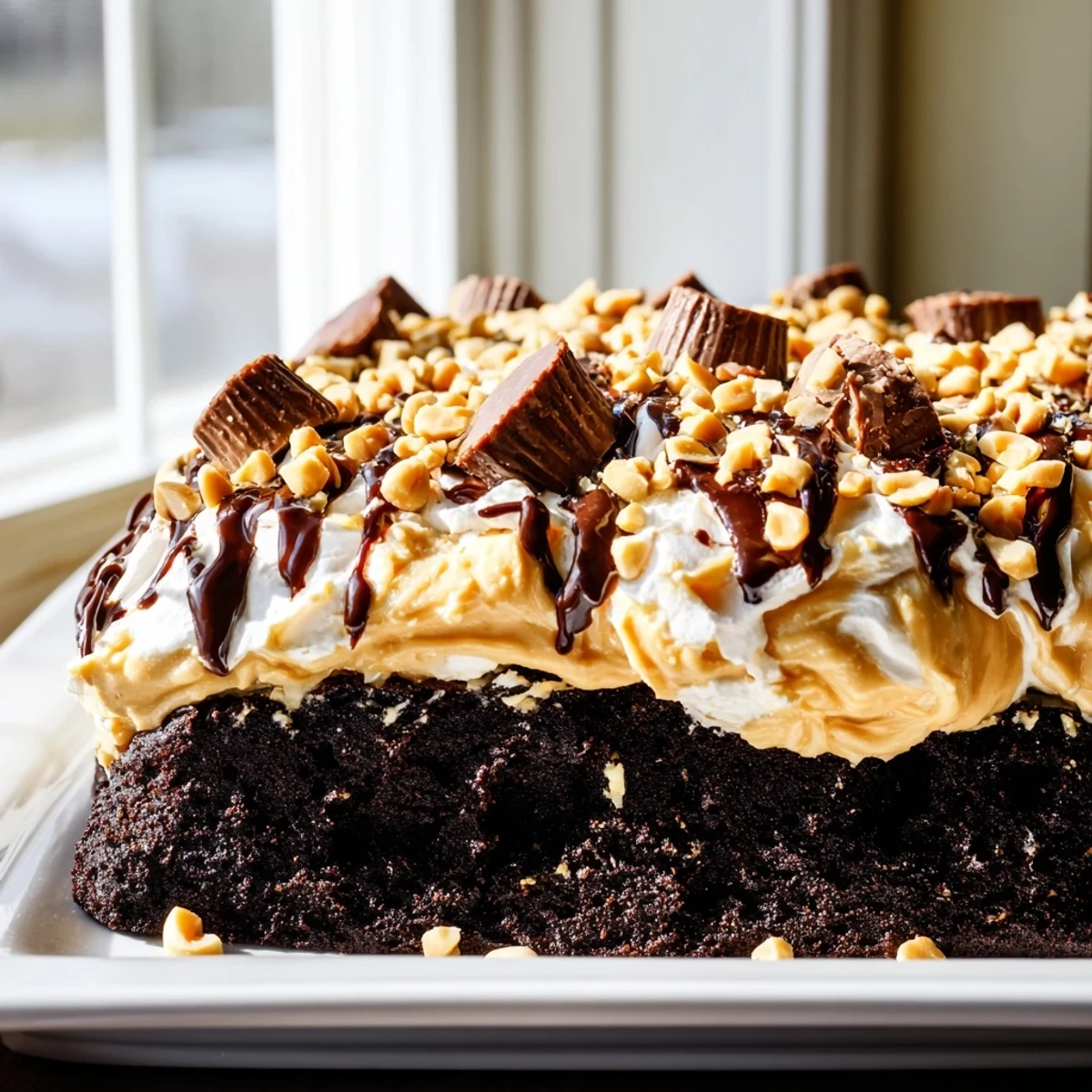 Moist chocolate cake soaked with creamy peanut butter pudding, topped with whipped cream and chocolate drizzle.