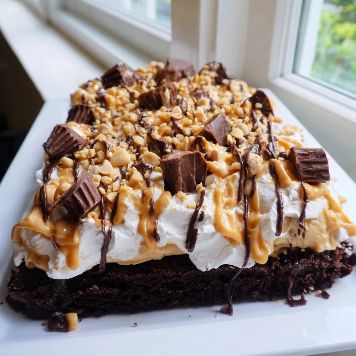 Rich Chocolate Peanut Butter Poke Cake with chopped peanuts and mini peanut butter cups on a serving plate.