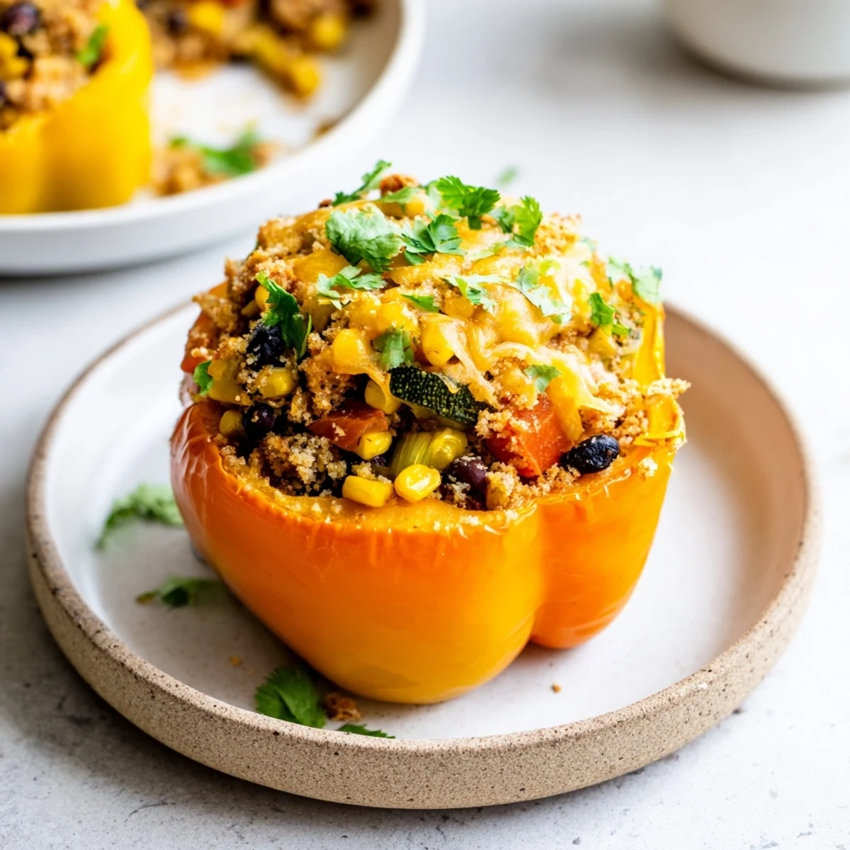 Colorful bell peppers stuffed with Cajun Potato Stuffed Bell Peppers, filled with a zesty potato and vegetable mixture.