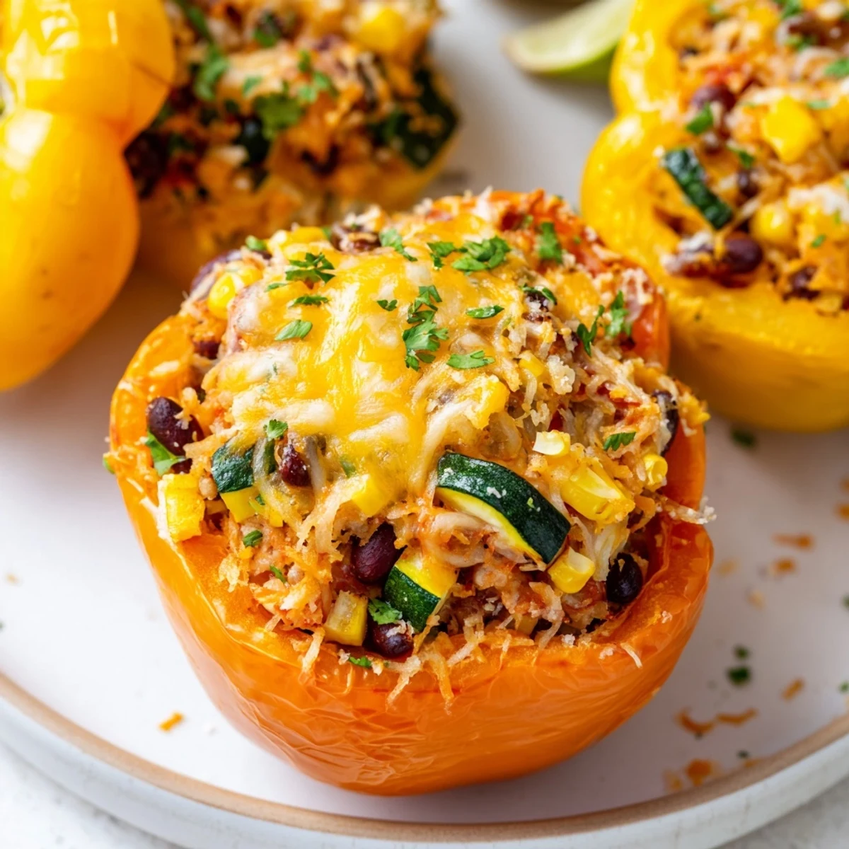 Freshly baked Cajun Potato Stuffed Bell Peppers topped with golden breadcrumbs and melted cheese on a plate.