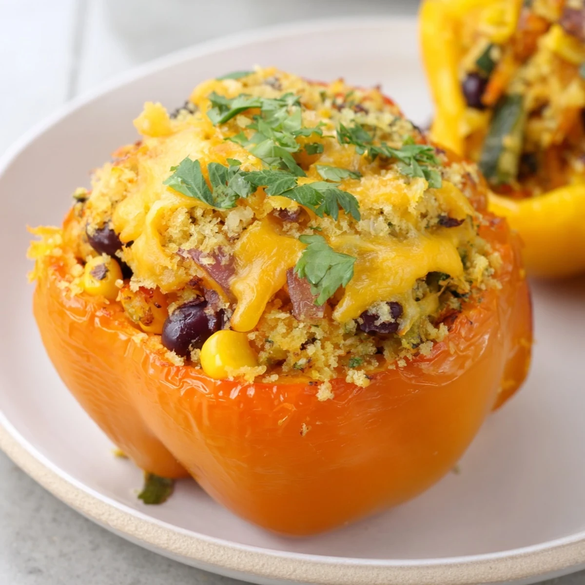 A hearty serving of Cajun Potato Stuffed Bell Peppers alongside a crisp green salad for a balanced meal.