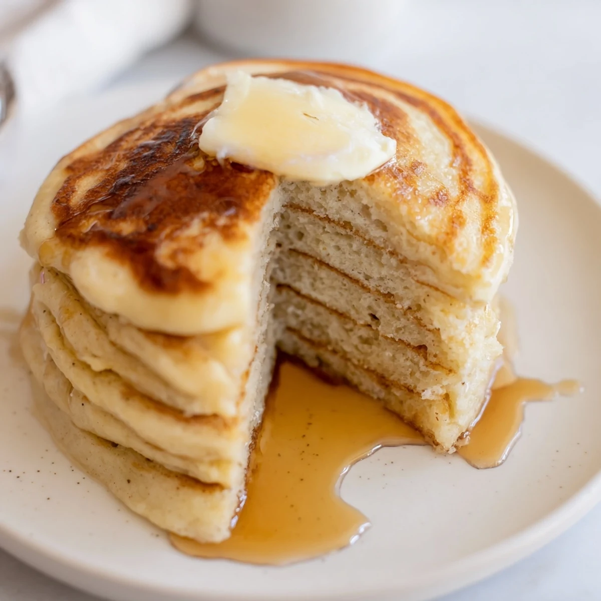 Fluffy Sourdough Discard Pancakes stacked high with melting butter and warm maple syrup on a plate.