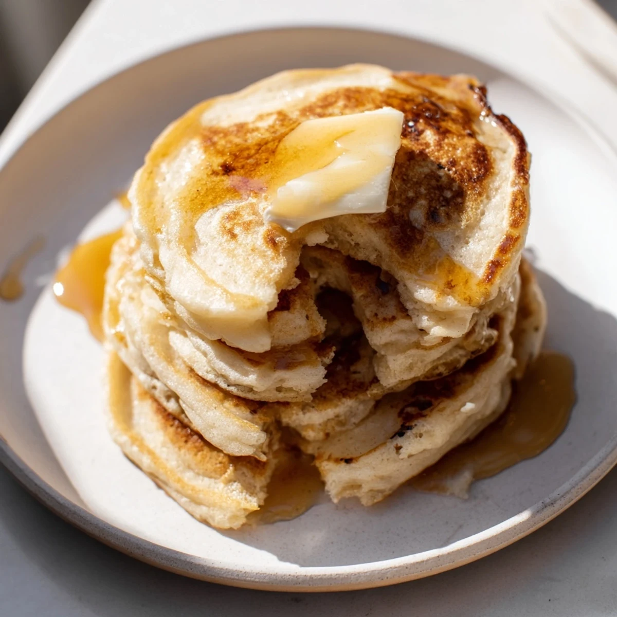 Golden Sourdough Discard Pancakes bubbling in a skillet, ready to be flipped for a perfect breakfast.