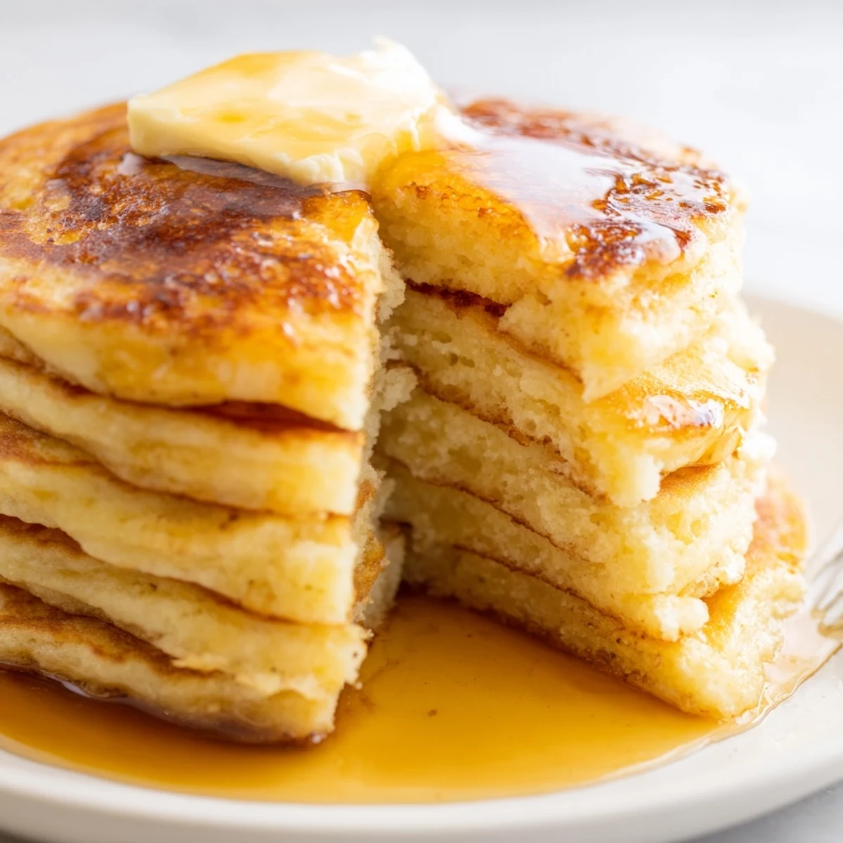 Freshly made Sourdough Discard Pancakes served with sliced strawberries and a drizzle of sweet syrup.