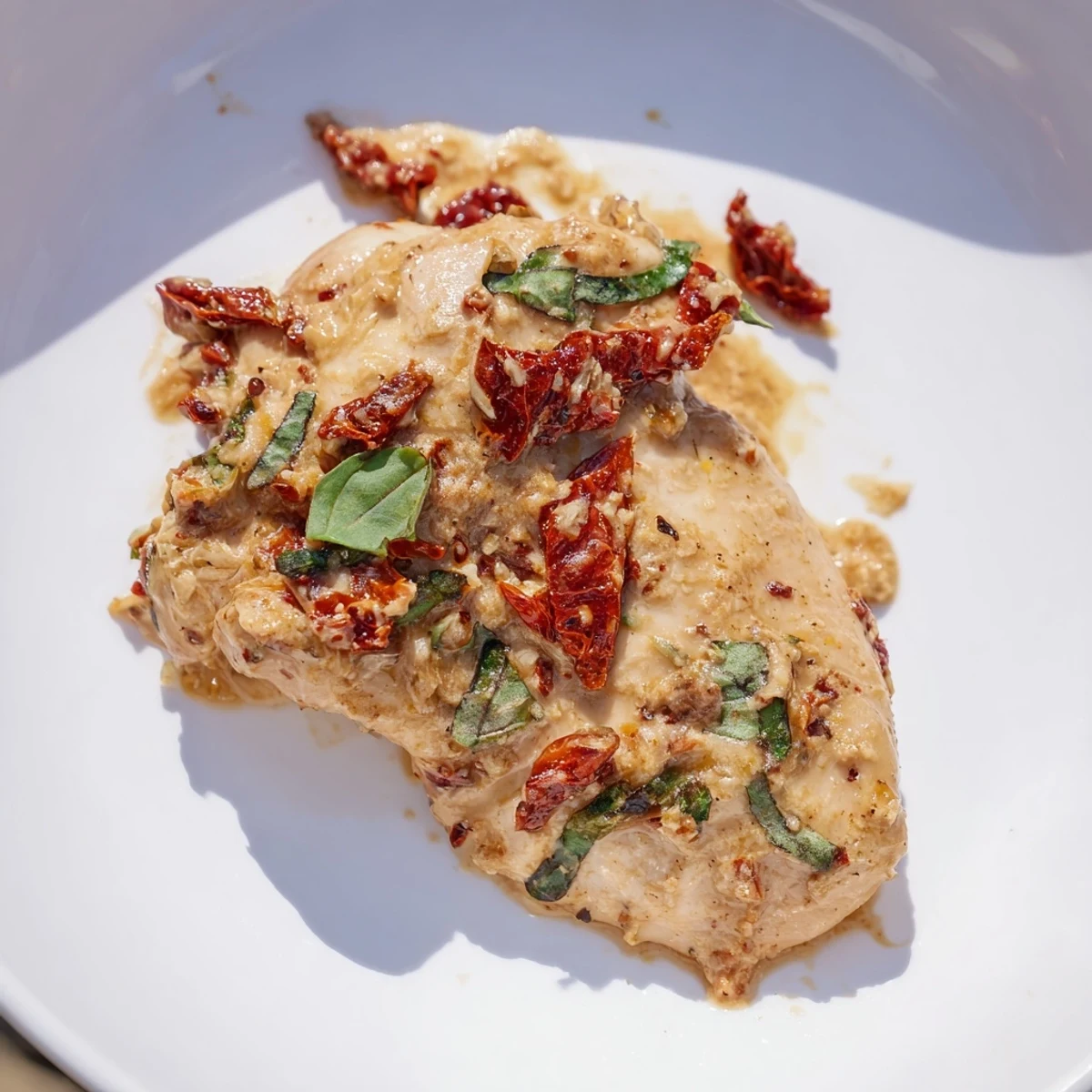 Juicy chicken breasts sit in a creamy sun-dried tomato sauce with fresh basil garnish in this Marry Me One Pan Chicken.