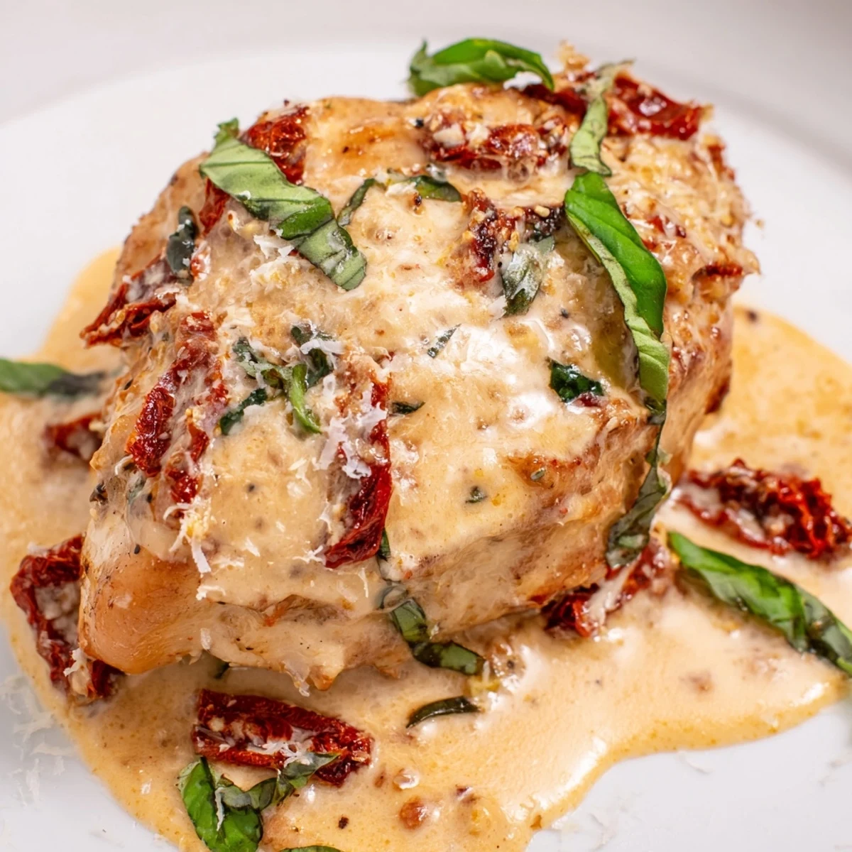 Tender chicken simmers in a flavorful sun-dried tomato cream sauce for a romantic Marry Me One Pan Chicken dinner, garnished with basil.