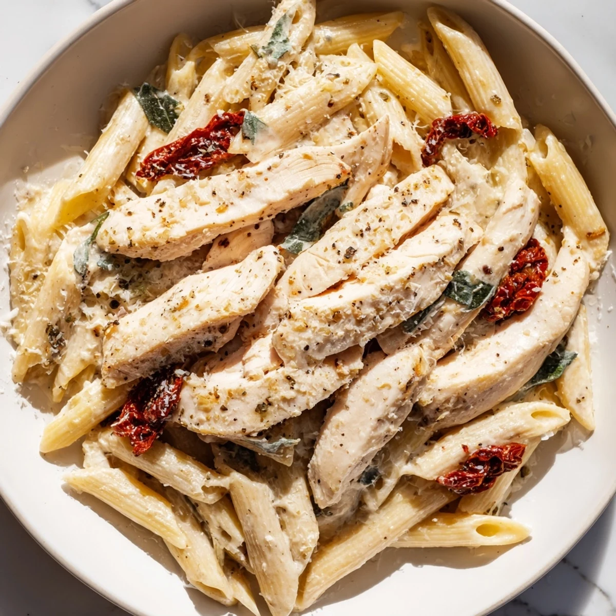 Creamy Marry Me Garlic Parmesan Chicken Pasta with juicy sliced chicken and sun-dried tomatoes tossed in a rich, velvety sauce.