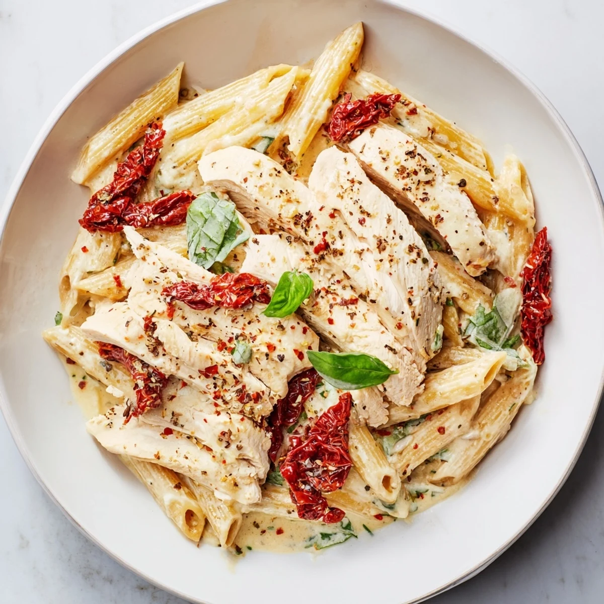 A skillet of Marry Me Garlic Parmesan Chicken Pasta garnished with fresh basil and extra Parmesan for a restaurant-quality main dish.