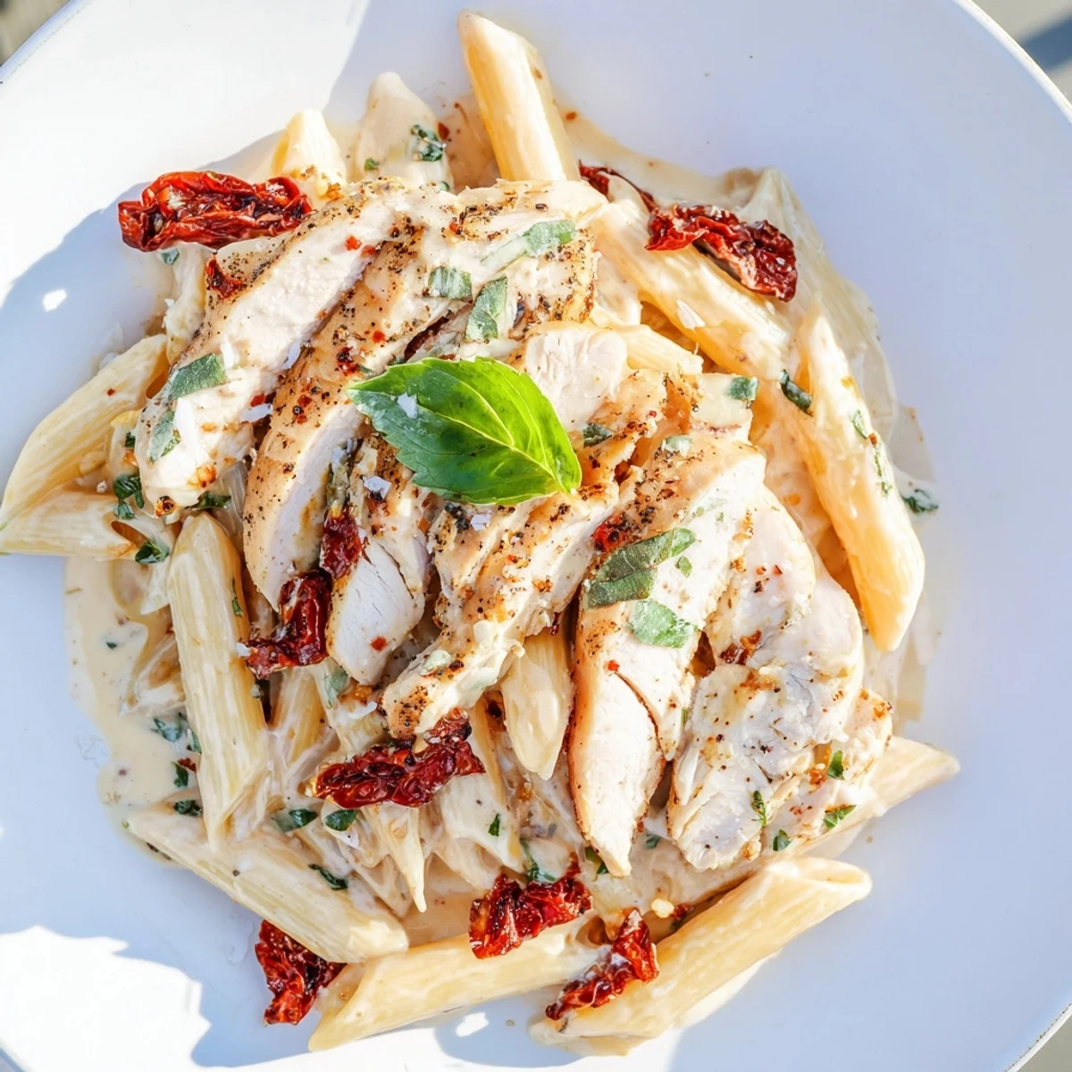 Serving of Marry Me Garlic Parmesan Chicken Pasta paired with a crisp white wine, steam rising from tender noodles and garlic.
