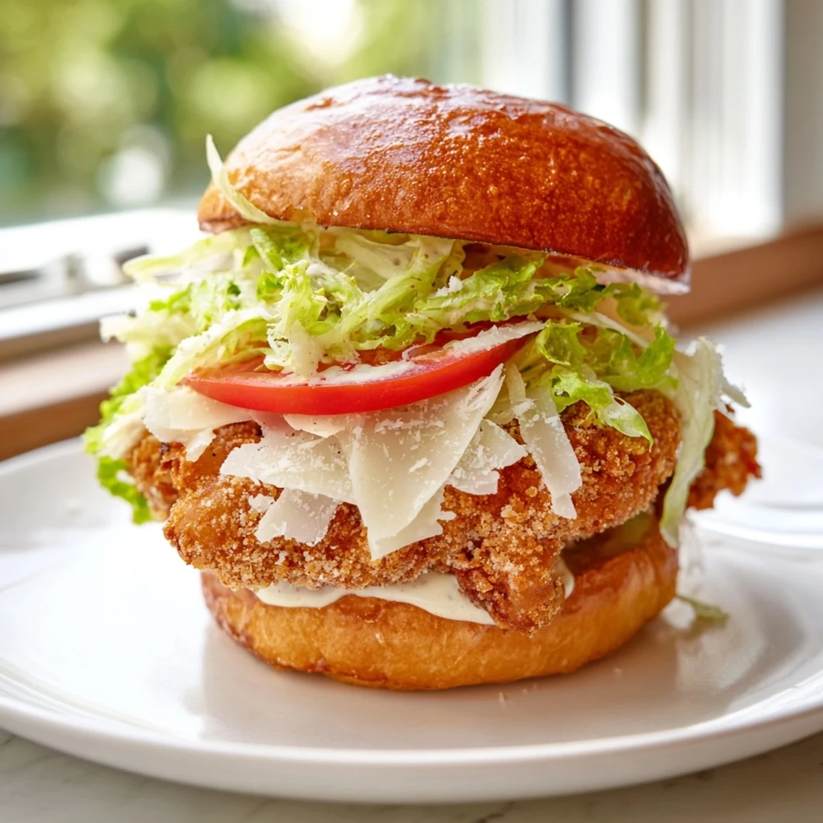 Golden crispy chicken fillet sits inside a toasted brioche bun with creamy Caesar dressing and fresh romaine lettuce.