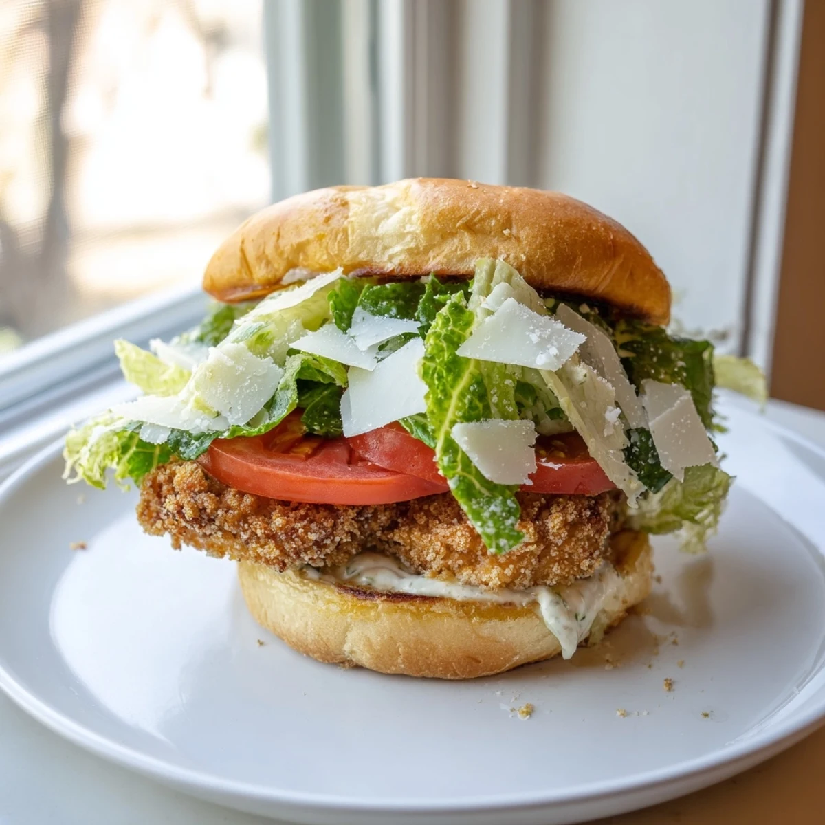 A close-up of a Marry Me Crispy Chicken Caesar Sandwich featuring golden-brown breaded chicken and shaved Parmesan cheese.