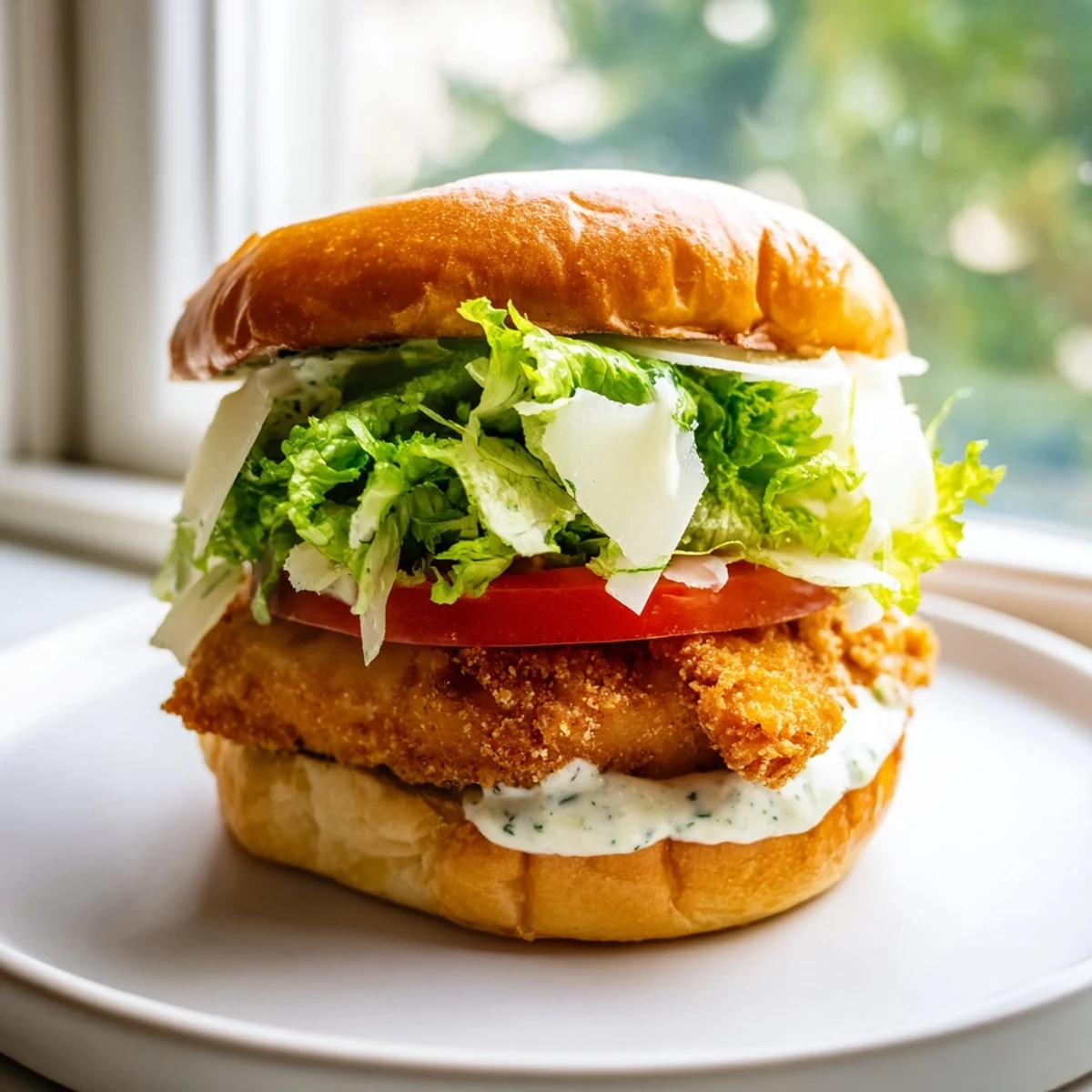 The Marry Me Crispy Chicken Caesar Sandwich is stacked high with fresh greens and ready to serve on a plate.