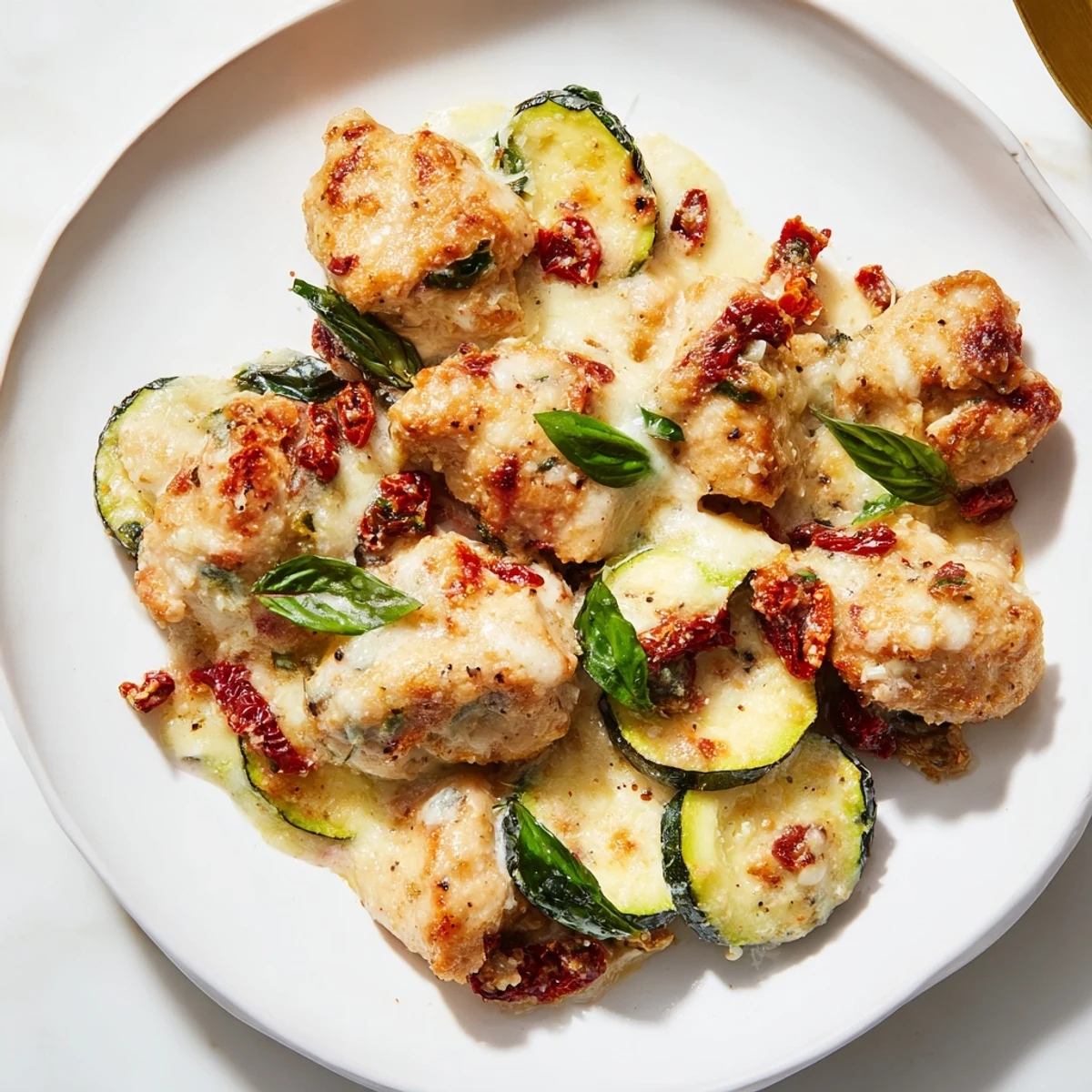 Freshly baked Marry Me Mediterranean Chicken Zucchini Bake in a white dish with melted cheeses and basil garnish.