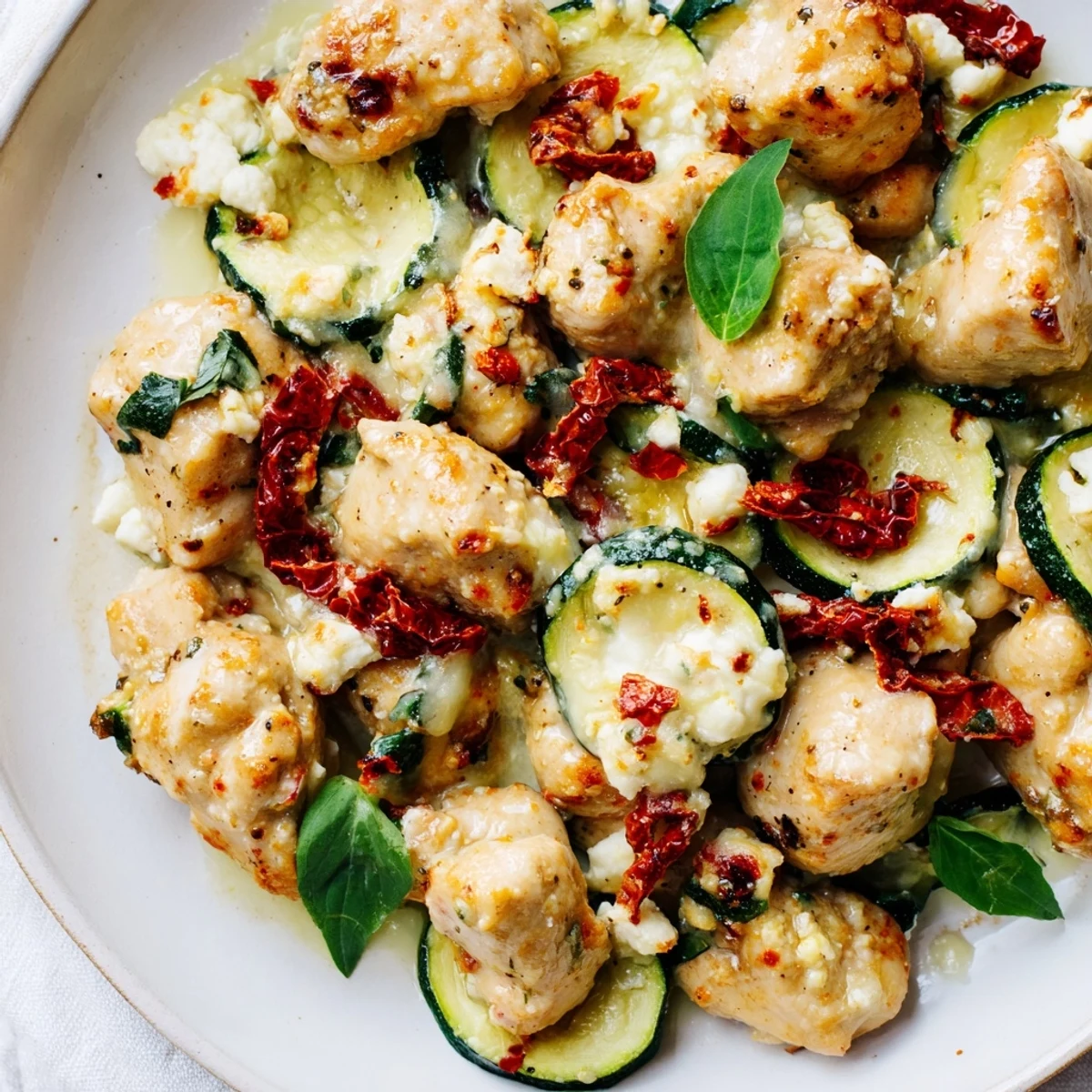Serving suggestion for Marry Me Mediterranean Chicken Zucchini Bake paired with gluten-free bread and a crisp green salad.