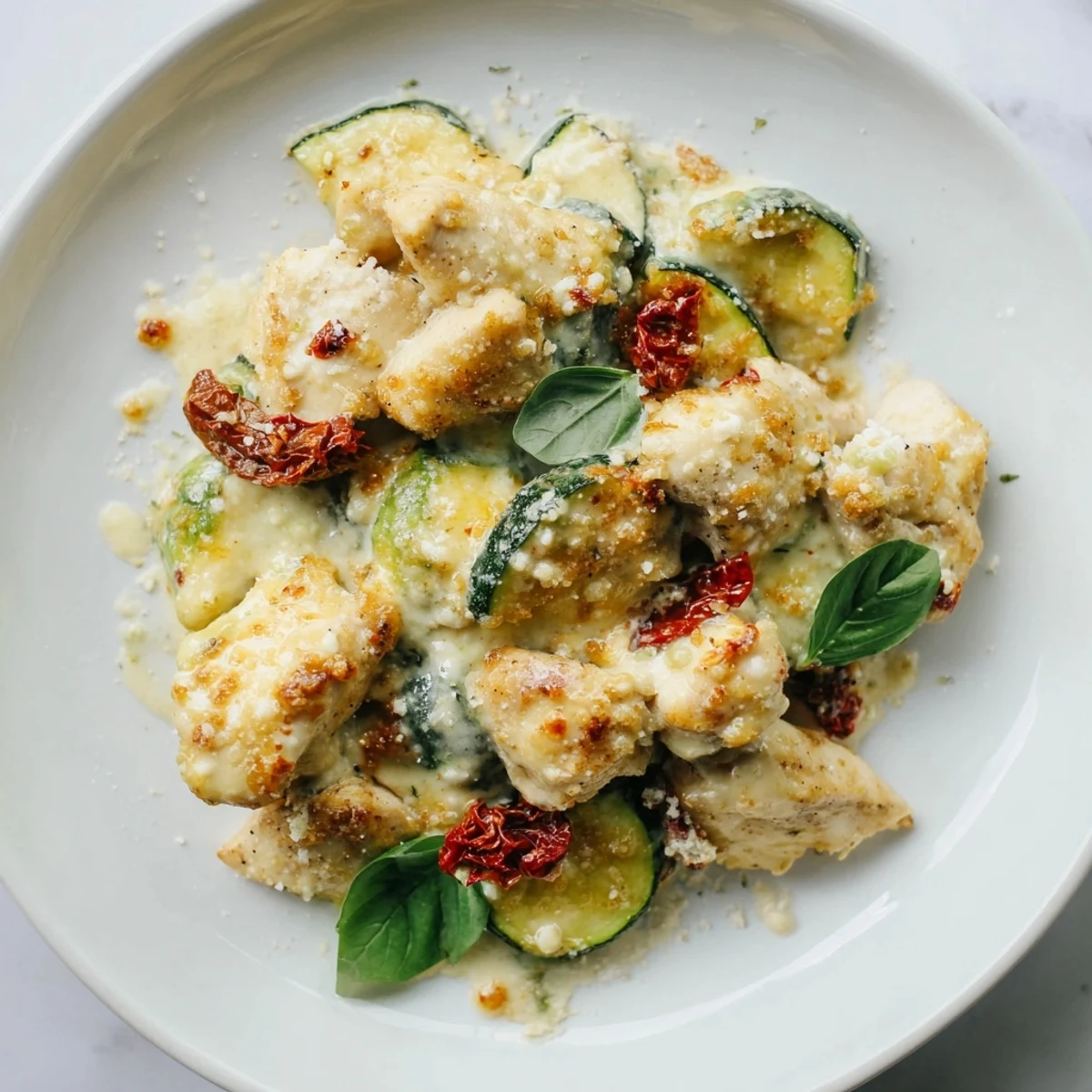 Close-up of Marry Me Mediterranean Chicken Zucchini Bake showing creamy sauce, tender chicken, and golden bubbly cheese topping.