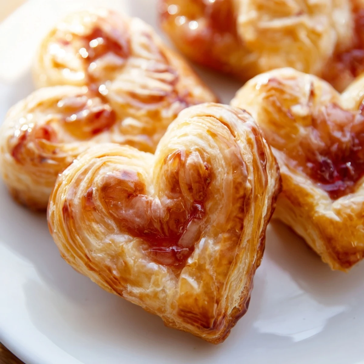 Flaky golden Strawberry Cream Cheese Heart Danishes with a sweet glaze on a rustic wooden board.