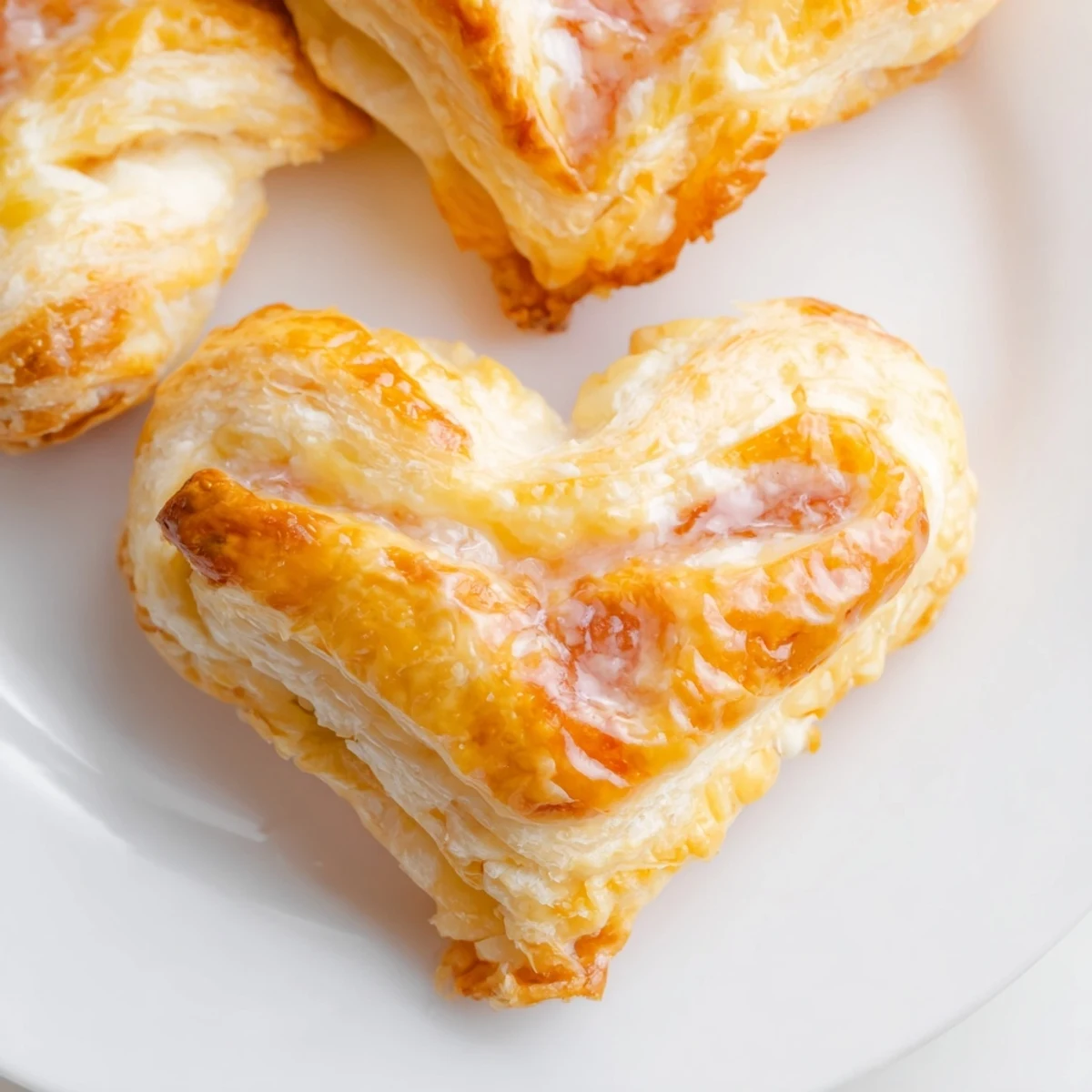Golden-brown Strawberry Cream Cheese Heart Danishes are stacked on a white plate next to fresh strawberries.