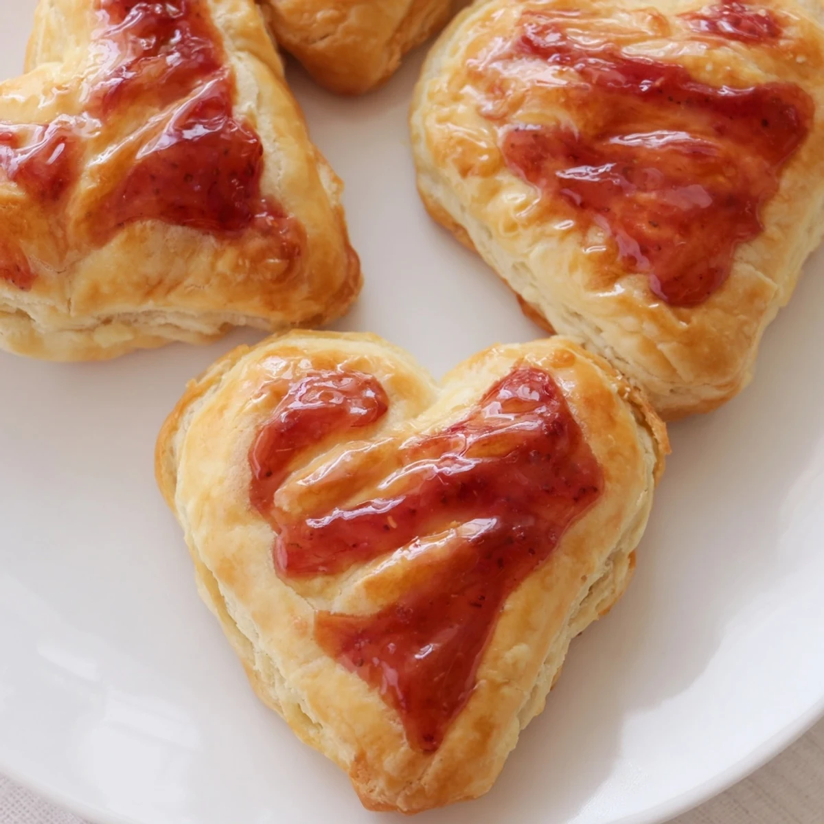 Strawberry Cream Cheese Heart Danishes drizzled with glaze sit beside a steaming cup of morning coffee.