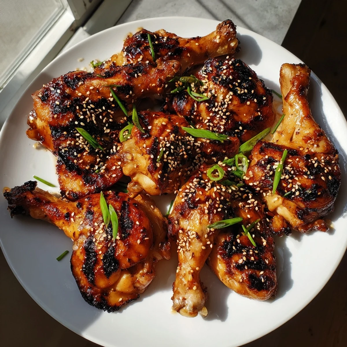 Grilled Hawaiian Huli Huli Chicken thighs glazed with sticky sweet pineapple sauce garnished with sesame seeds.