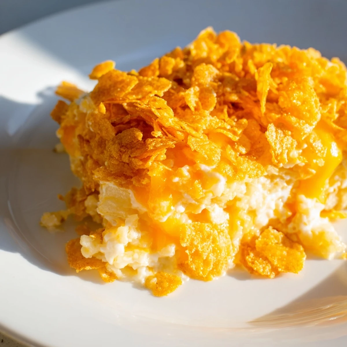 A serving of Funeral Potatoes with Hashbrowns showcases creamy, cheesy layers beneath crispy cornflakes for a cozy side dish.