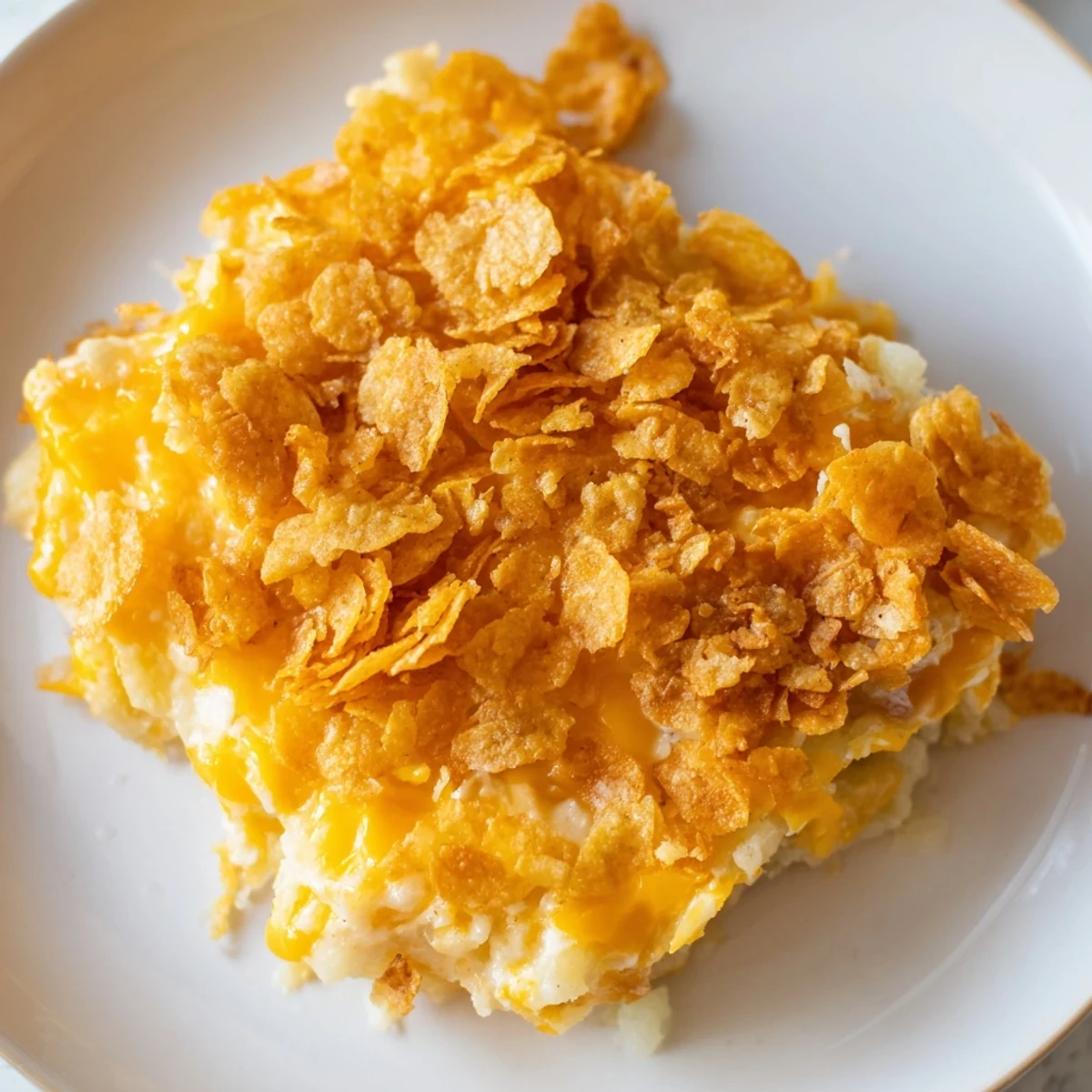 Funeral Potatoes with Hashbrowns in a 9x13 baking dish, fresh from the oven and ready for a holiday gathering.