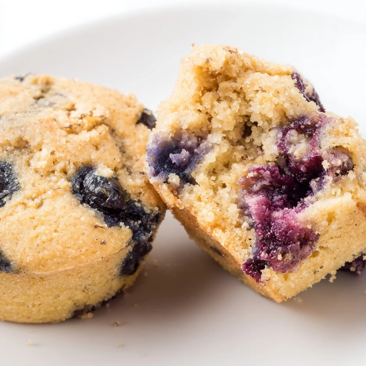 Freshly baked Blueberry Protein Muffins with Greek Yogurt on a rustic wooden board, showcasing their moist crumb and bursting blueberries.