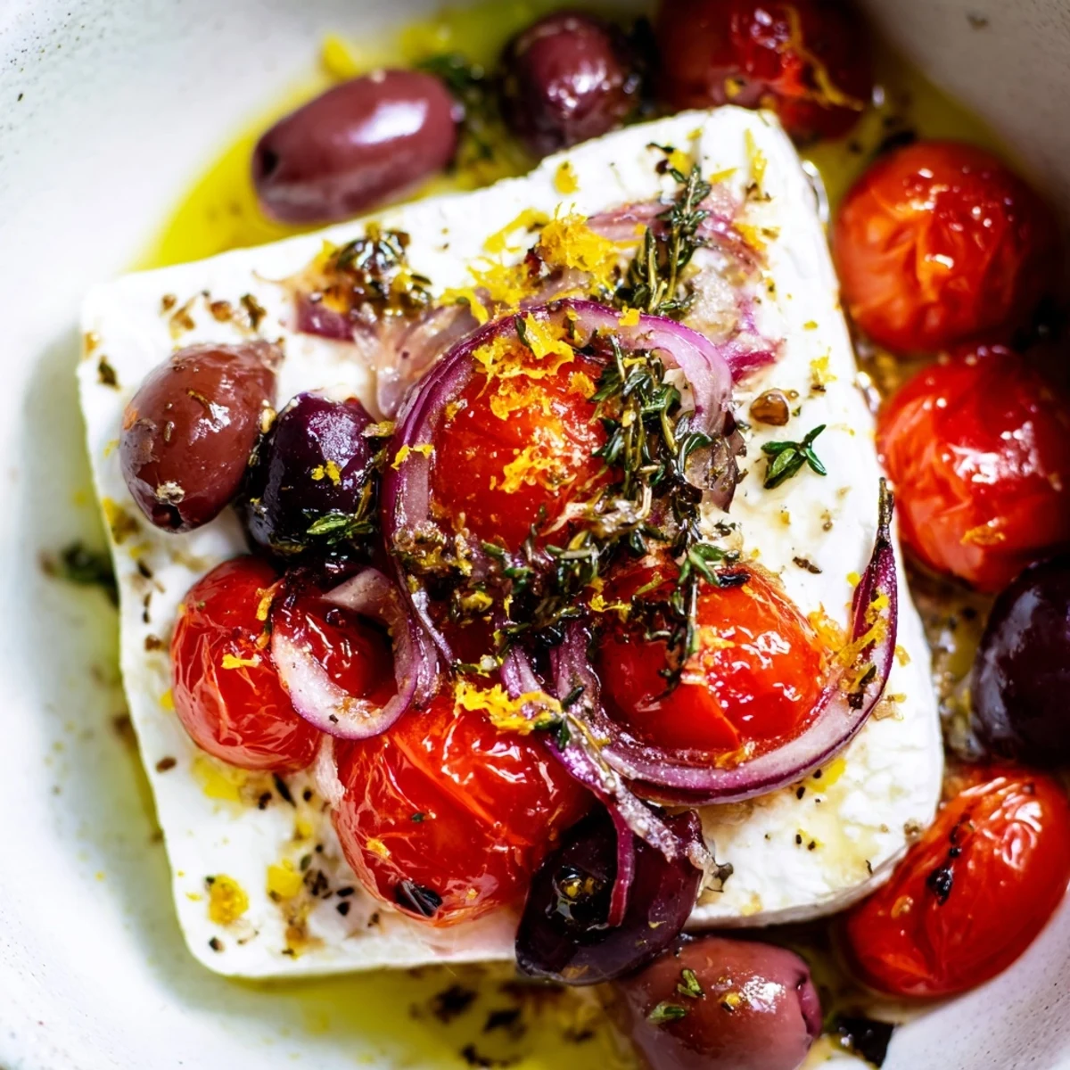 A close-up of Mediterranean Baked Feta Appetizer with bubbly tomatoes and olives, ready to serve with crusty bread.