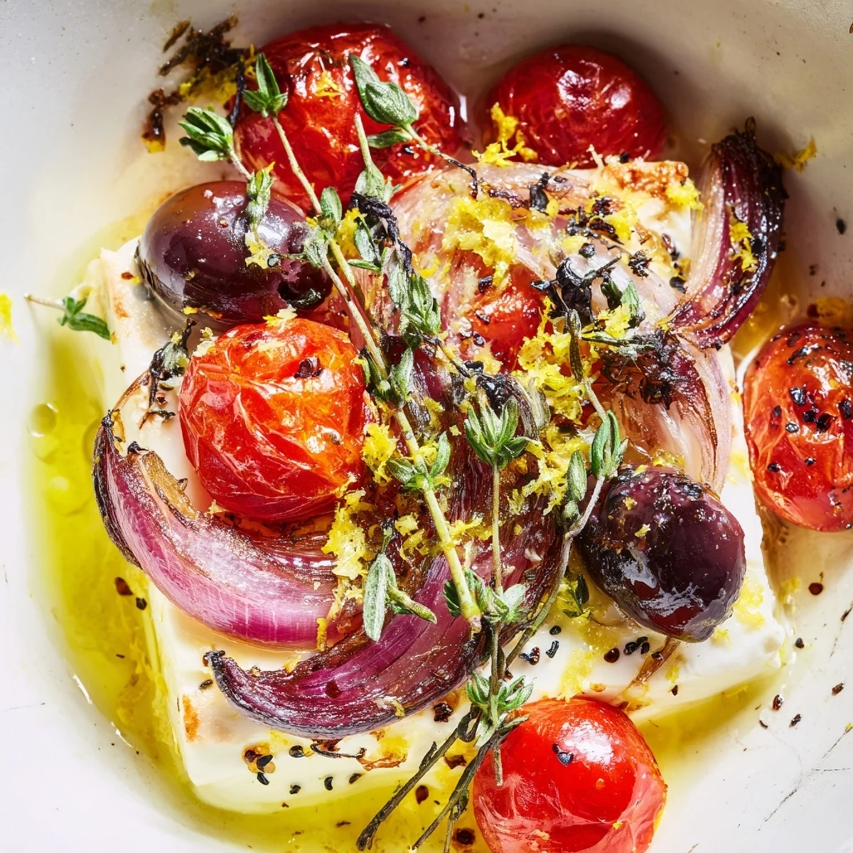 Mediterranean Baked Feta Appetizer baking in a skillet with vibrant red tomatoes and a fragrant herb garnish.