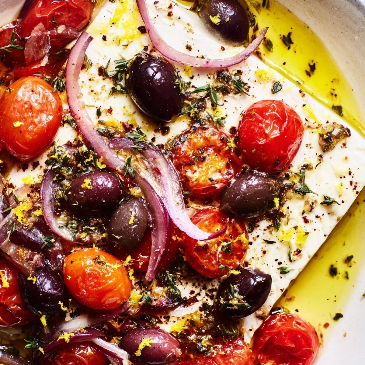 Golden feta and blistered cherry tomatoes in the Mediterranean Baked Feta Appetizer, paired with pita and olive oil.
